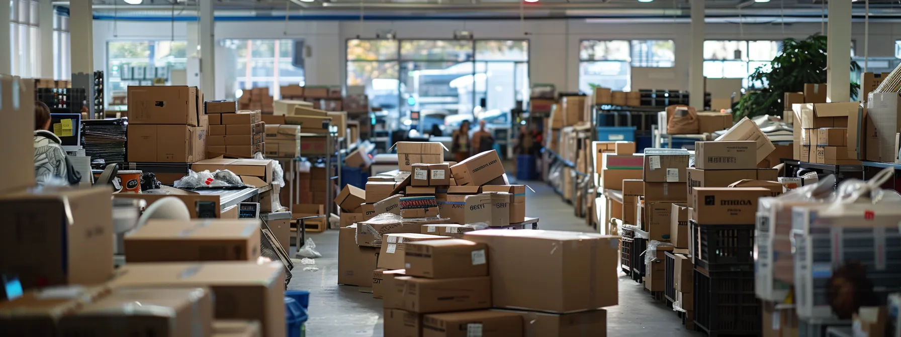 a bustling urban moving company office filled with professionals coordinating logistics, surrounded by neatly stacked boxes and moving supplies, conveying a sense of efficiency and professionalism.