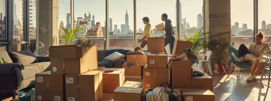 a bustling urban apartment scene captures a diverse group of professionals efficiently packing and organizing various household items into moving boxes, surrounded by modern furniture and a vibrant city skyline visible through large windows.