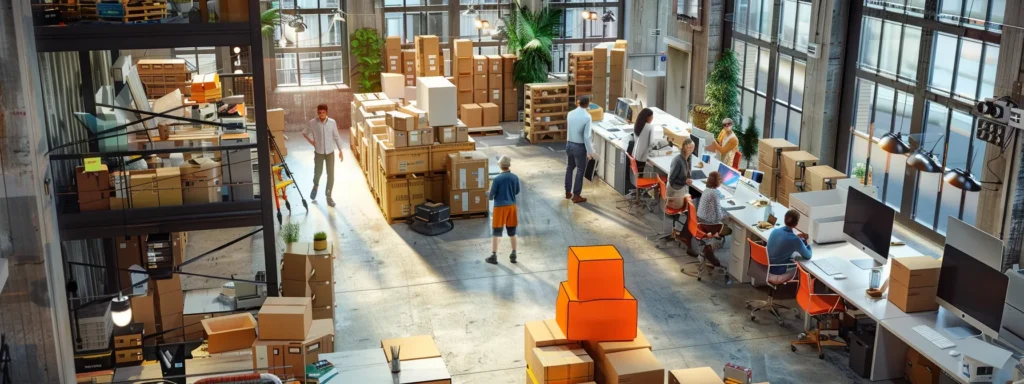 a bustling urban moving company office is alive with activity, showcasing professionals engaged in discussions over plans and estimates, surrounded by packed boxes and vibrant moving supplies, emphasizing the dynamic nature of relocation logistics.