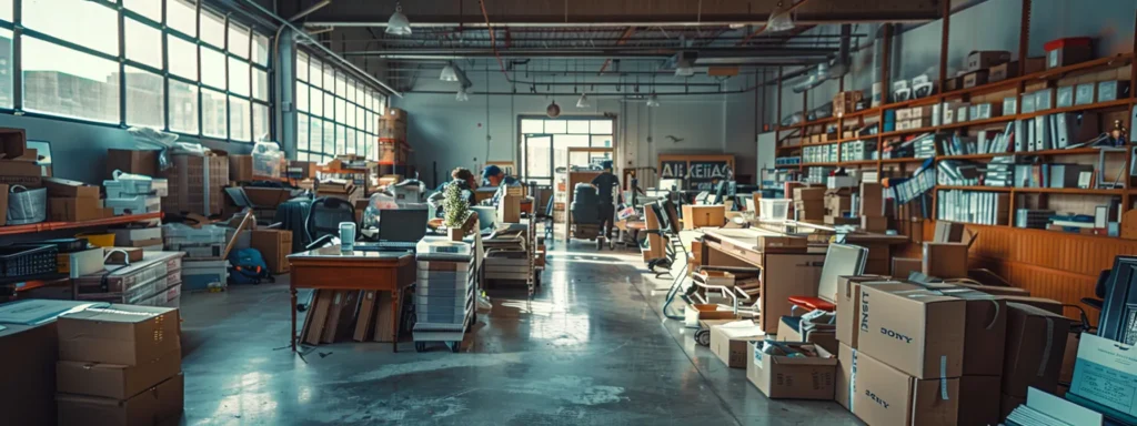 a bustling urban moving company office is filled with organized chaos as professionals strategize over timelines and logistics, coordinating the careful transport of high-value electronics and personal belongings amidst unpacked boxes and moving supplies.