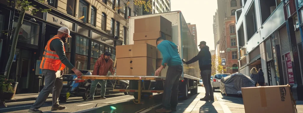 a busy urban moving scene depicts professionals carefully loading delicate furniture and boxes into a truck, showcasing the expert handling and logistical expertise required for successful city relocations.