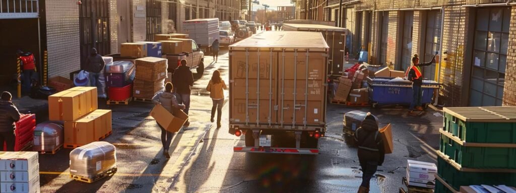 a bustling urban loading dock showcases a diverse group of individuals efficiently packing colorful boxes into a large moving truck, embodying the organized chaos of interstate relocations.